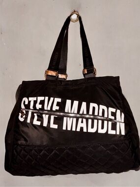 Steve Madden Black Nylon Quilted Duffel with Bold Logo